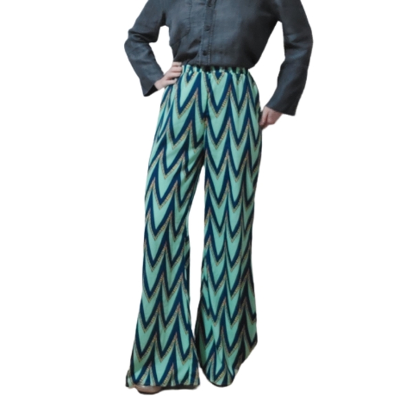 PINK OWL Wide Leg Aqua Print High Waist Small - Picture 6 of 6